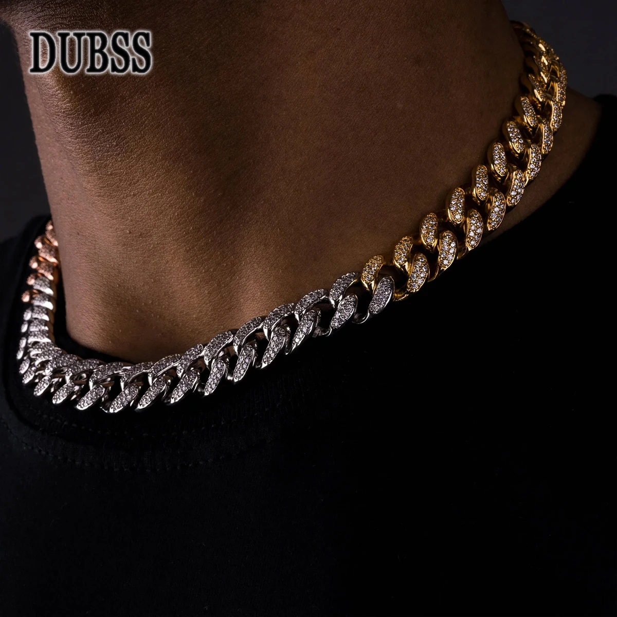 

DUBSS Iced Out Miami Cuban Link Chain Men Necklace Hip Hop Jewelry Real Gold Plated Copper 2021 Trend