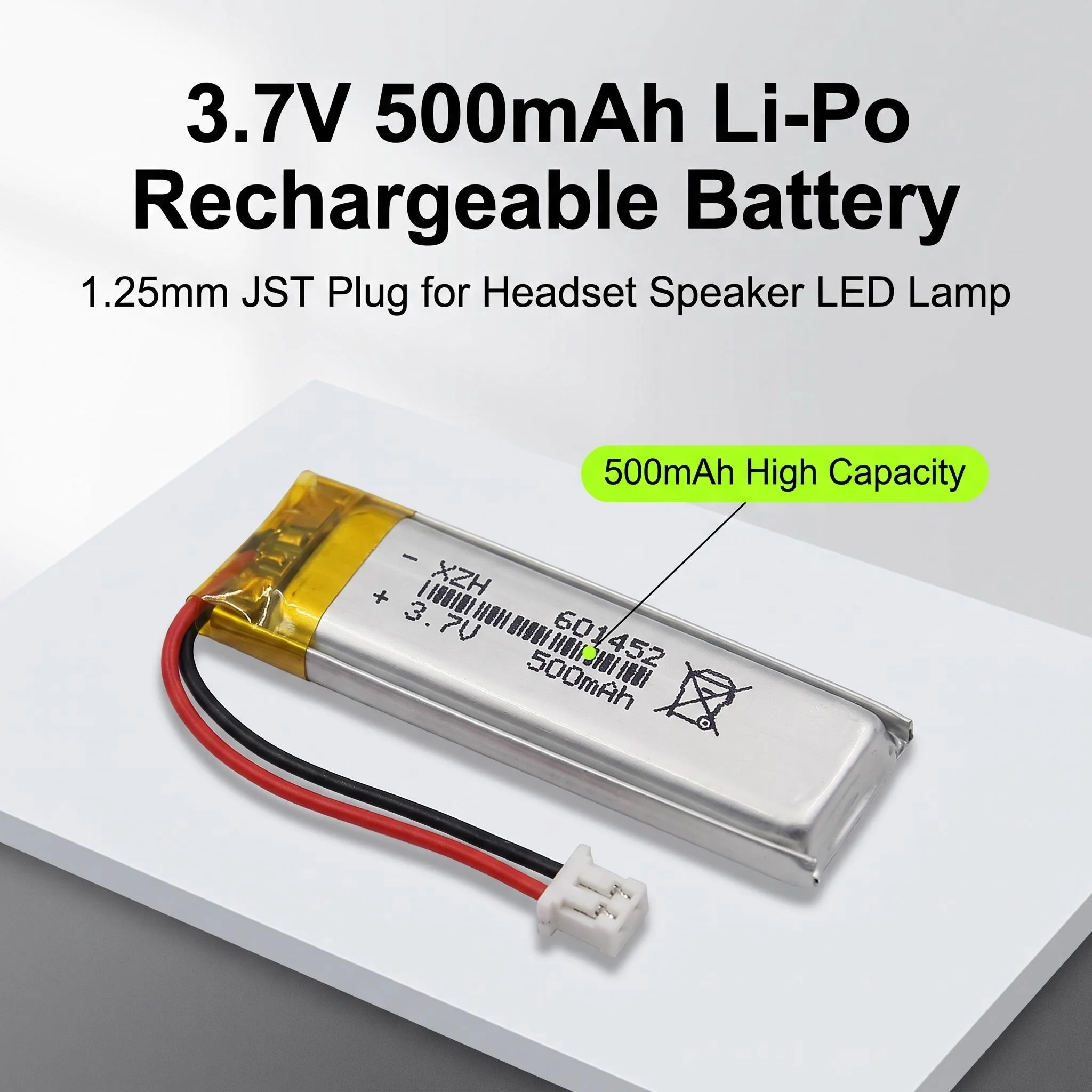 3.7V 500mAh 601452 Li-Po Rechargeable Battery 1.25mm JST Plug Replacement Cell For Bluetooth Headset Speaker MP3 LED Lamp