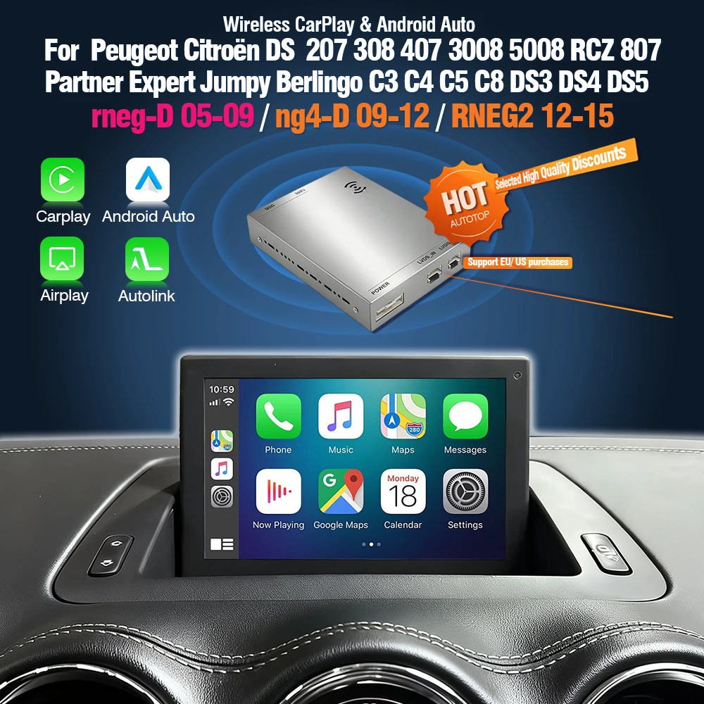 AUTOTOP Kit di Retrofit per Interfaccia Wireless CarPlay Android Auto per Peugeot Citroen DS RNEG NG4 RNEG2 207 308 407 3008 5008 C3 RCZ