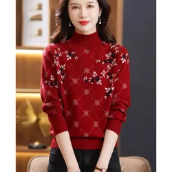 Women Clothing Winter Knitted Wool Sweaters Causal Loose Simple Fashion Pullovers Striped Half High Collar All-match Knitwear