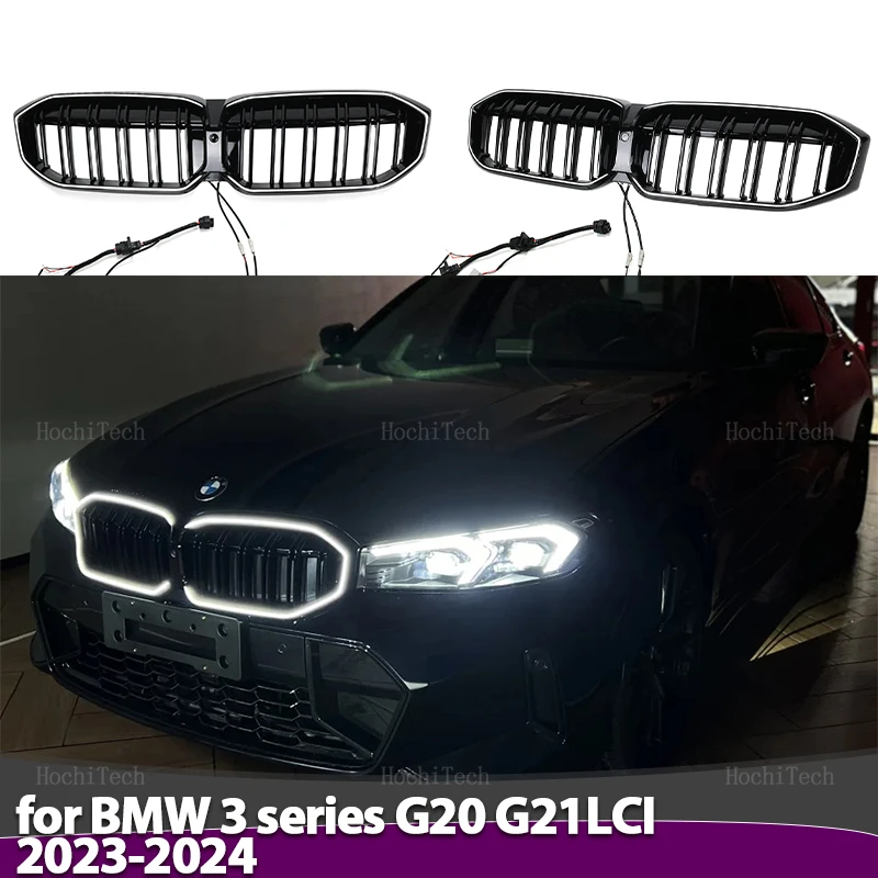 

New LED Light Car Gloss Black Front Bumper Grille For BMW New 3 Series G20 G21 Facelift LCI 2023-2024 Sport Grill Double Slats