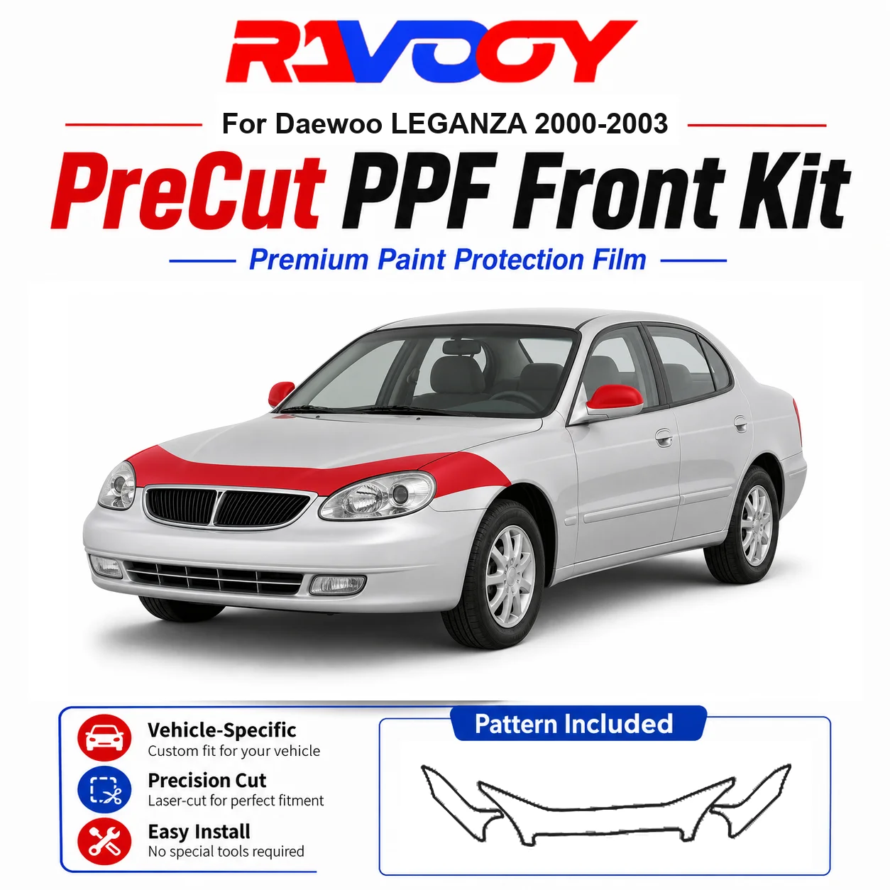 

8.5mil TPU Precut PPF Kit For Daewoo LEGANZA 2000-2003 - Hood, Fenders & Mirror Set - Self-Healing Clear Bra Film