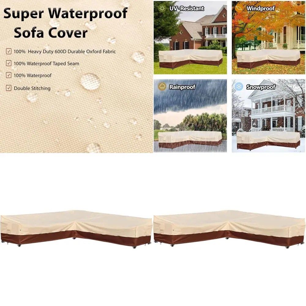 Waterproof UV-Resistant 600D Outdoor Sectional Sofa Cover, Beige & Reddish Brown, 110L x 32D x 31H