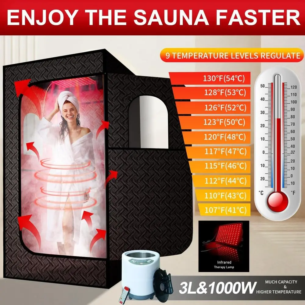 Indoor Infrared Sauna with Red Light Therapy, 660 & 850nm Lamps, 3L Steamer, Upgraded Chair and Mat, 72x36x36, Black