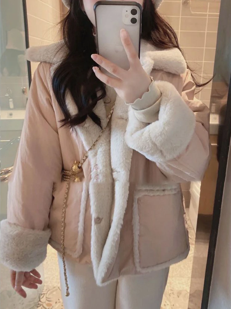 Winter Lambswool Coat Women Double-side Wear Parkas Female Preppy Thick Fleece Jacket urn Down Collar Single Breasted Jacket