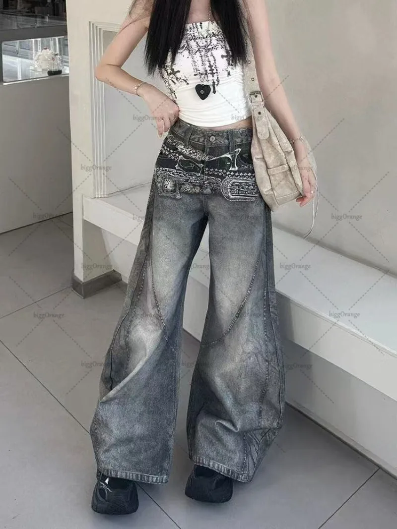 جينز هاراجوكو Y2K أوروبي أمريكي كبير الحجم موديل 2025 جينز نسائي عالي الشارع بتصميم هيب هوب غير رسمي فضفاض واسع الساق #2