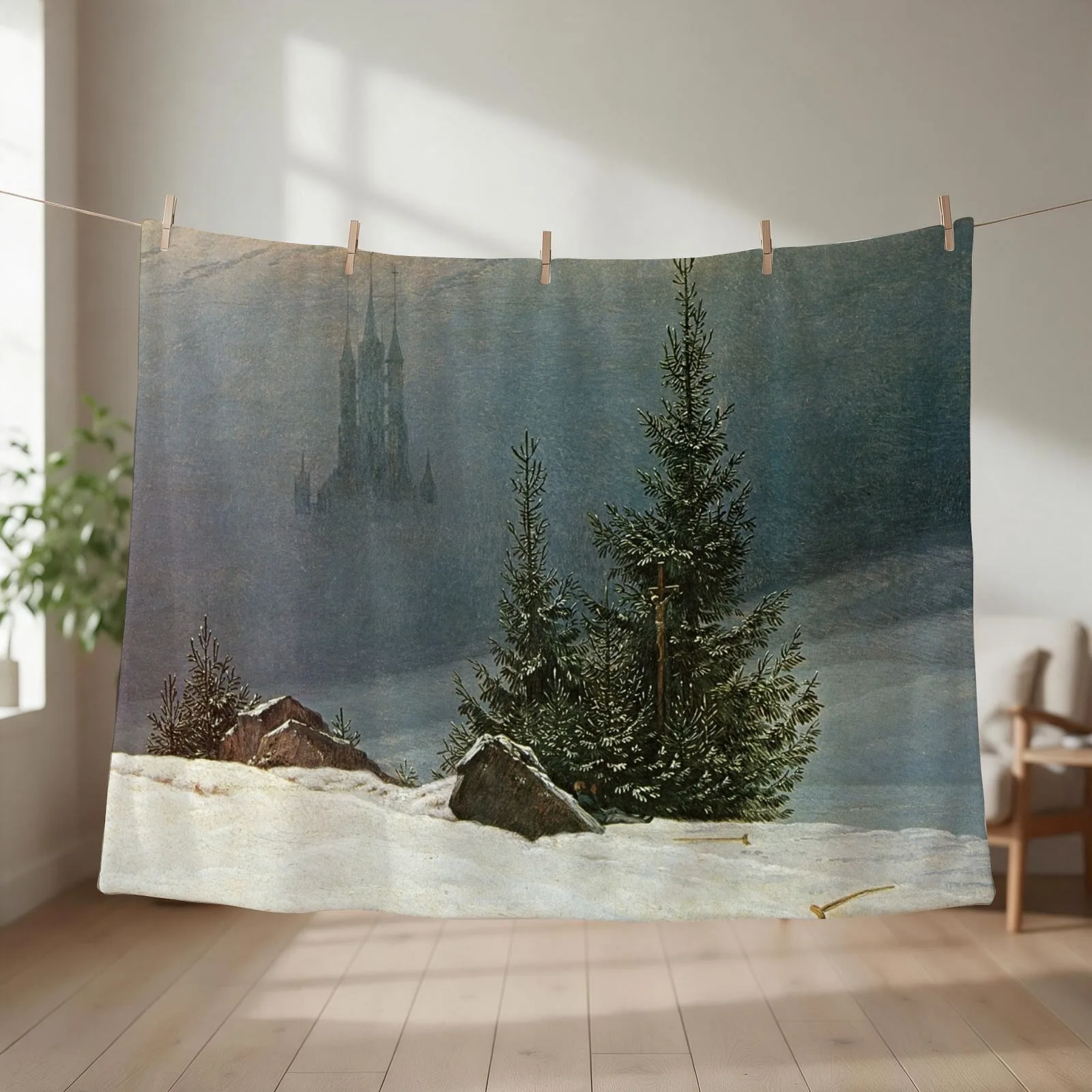 Winter landscape with church - Caspar David Friedrich Throw Blanket couch cozy soft plush fuzzy picnic outdoor blanket