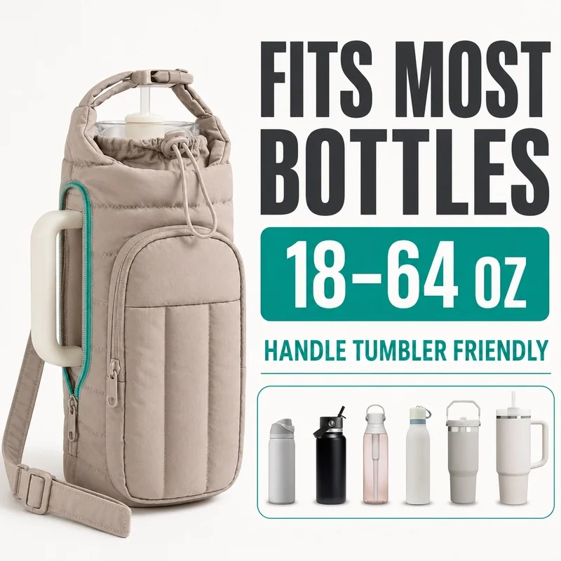 Puffer Water Bottle Carrier Bag Crossbody Bottle Holder with Shoulder Strap Phone Wallet Pocket for Gym Sports Travel