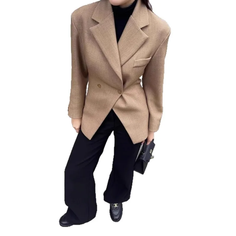 Women's Clothing Blazers Autumn New Khaki Coats Shoulder Pads Fitted Waist Slim Fit Irregular Suits Jackets Long-sleeved Top
