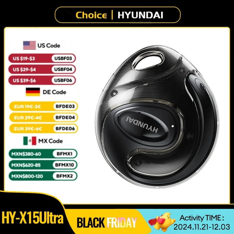 Choice HYUNDAI HY-X15Ultra Clip on Wireless Bluetooth 5.4 Earbuds 15h Long Battery Life Headphones Hifi Sound For Sport Gaming