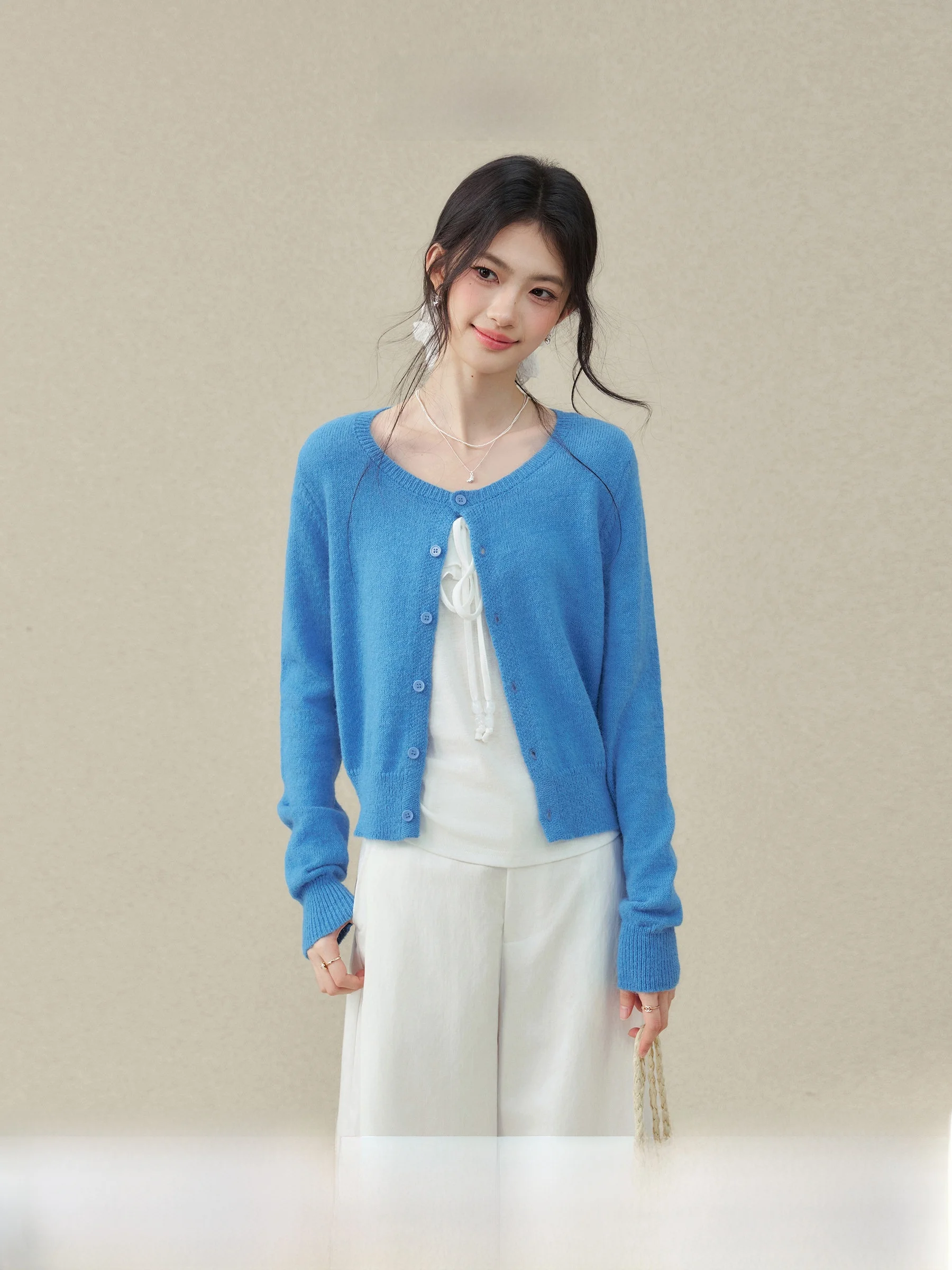 

Blue Knitted Open Cardigan Women's ort Top Single Button Spring Faion Outerwear by Wang Ou Xixi Long Sve Crew Ne