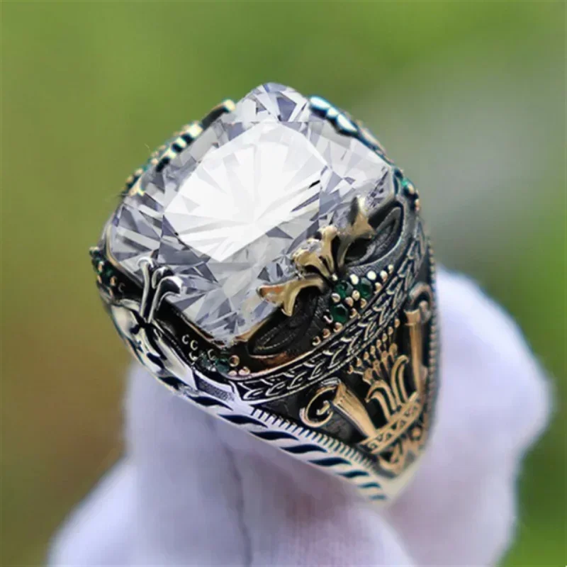 Retro handgemachter türkischer Siegelring für Männer Vintage Silber Farbe Schnitzmuster Inlay grüner Zirkon Party Punk Motor Biker Ring