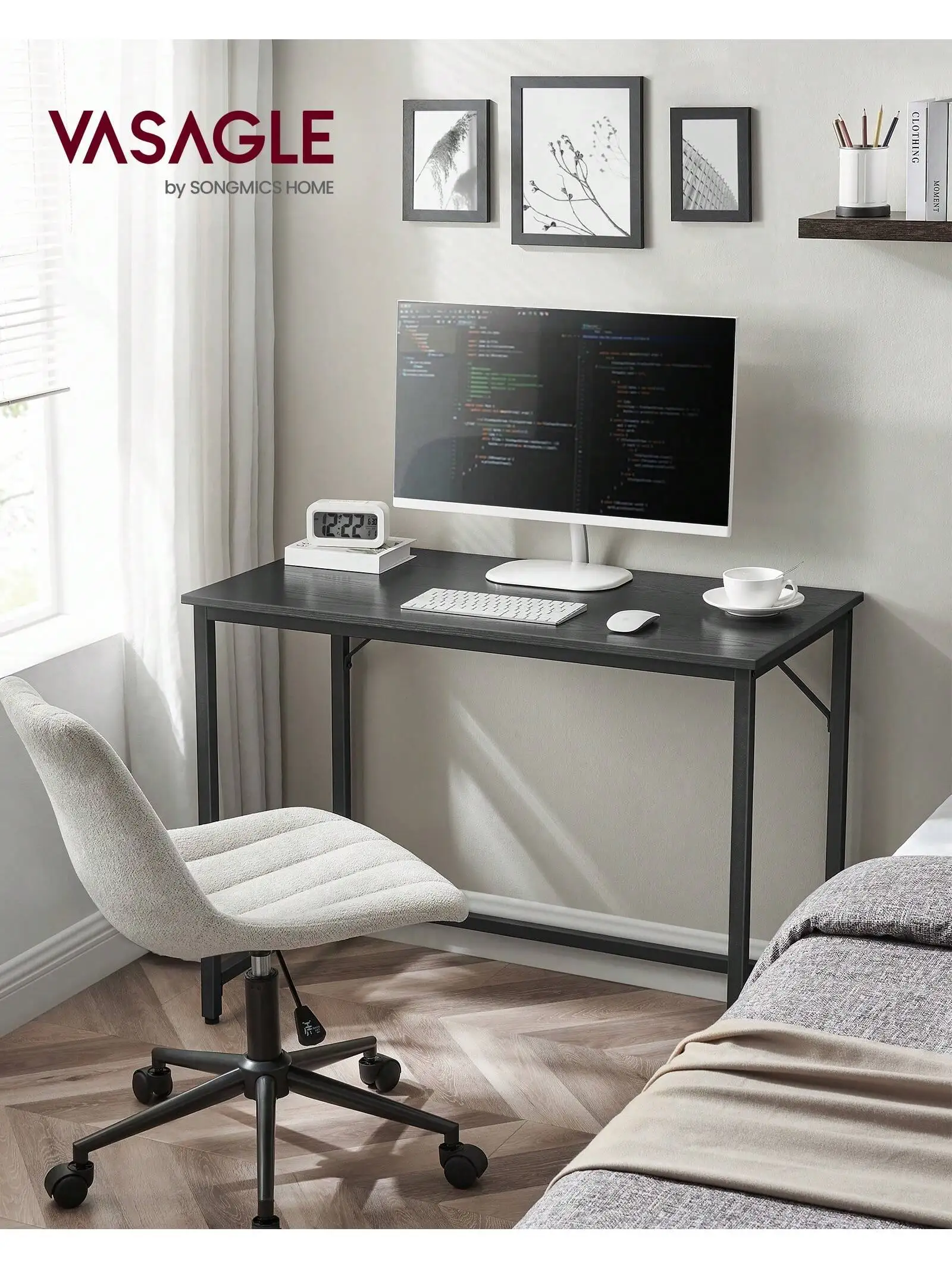 VASAGLE Small Office Desk: 100x50x75 cm. For Office, Living Room, Bedroom. Easy Assembly. Metal Industrial Style. Grey & Black.