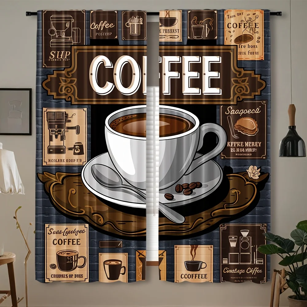 Retro Coffee Curtain Drapes Vintage Cafe Industrial Barista Window Treatment Rustic Espresso Decor Hipster Kitchen Shower