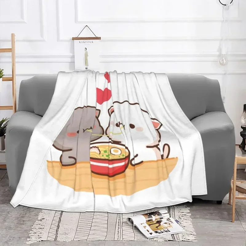 Cute Peach And Goma Blanket Mocha Mochi Cartoon Cat Flannel Novelty Breathable Throw Blankets for Bedspread Decoration