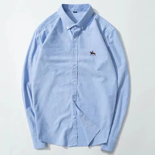 Imagen 2 del producto Camisa de vestir de manga larga para hombre, Top de negocios lavado, 100% algodón, Oxford, informal, Social, Color sólido, primavera y otoño