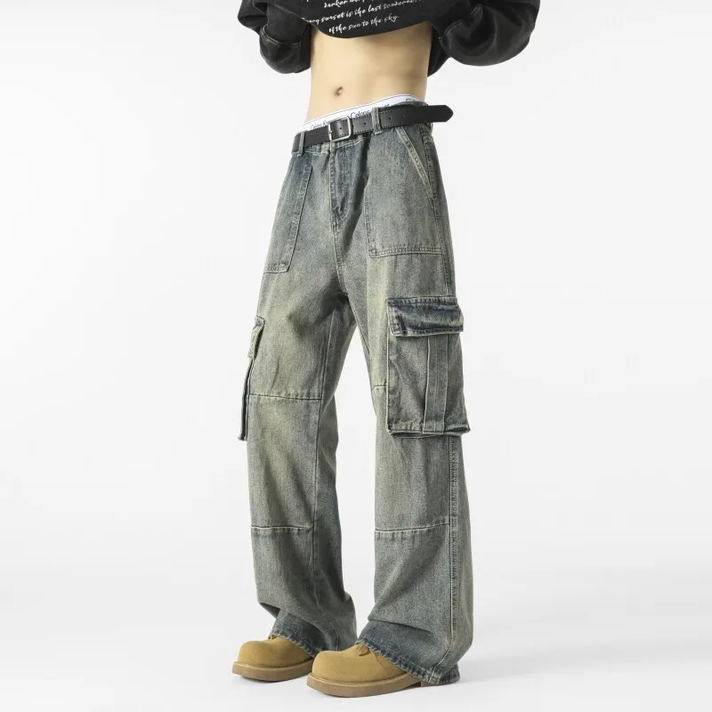 Pantalones vaqueros Cargo de pierna ancha rectos y holgados para hombre, pantalones vaqueros de retales con múltiples bolsillos para exteriores, ropa de calle de tendencia, estilo de utilidad