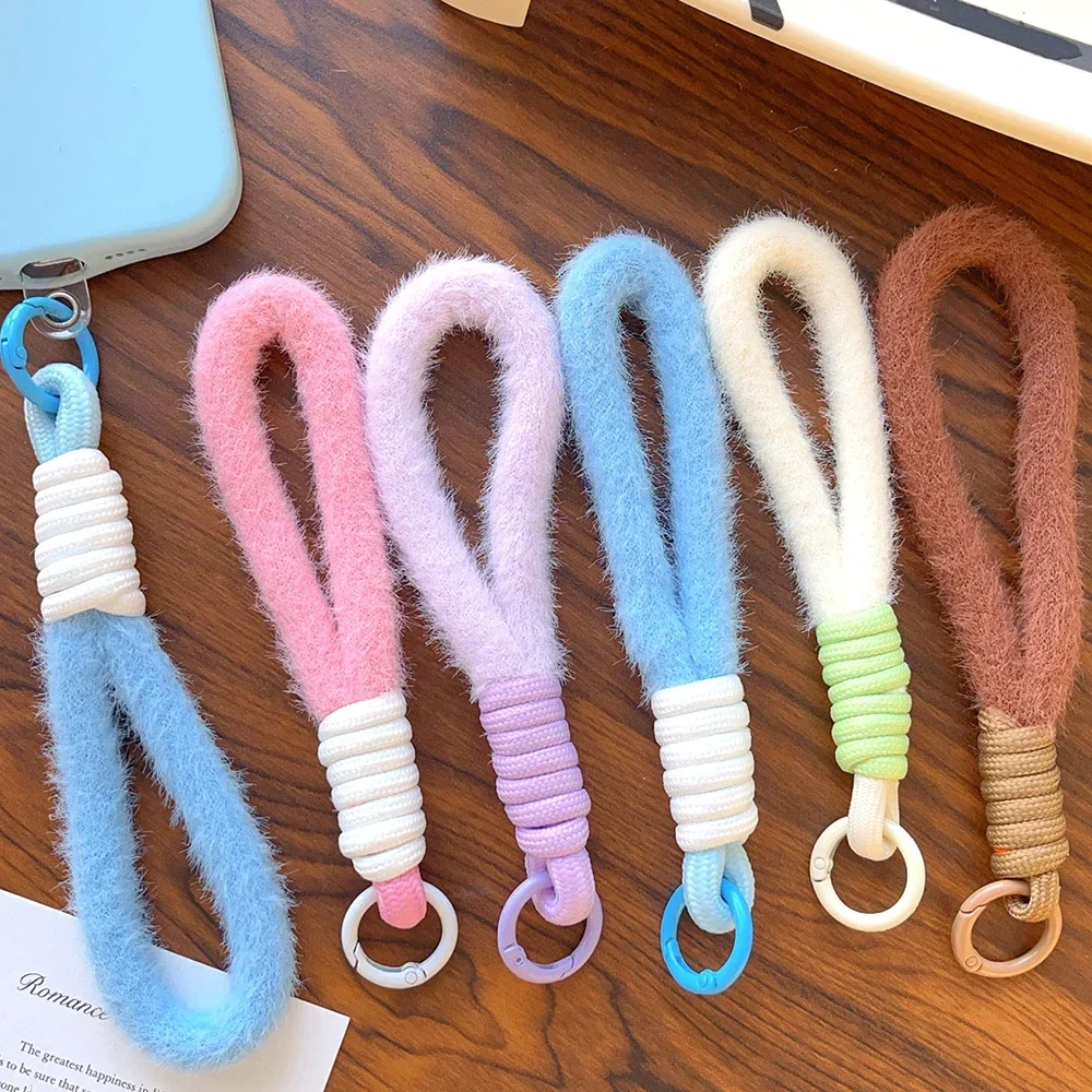 Cute Soft Fluffy Mobile Phone Lanyard Short Wrist Straps Multi-functional Backpack Rope Hanging Cord Clip Color-matching Chain