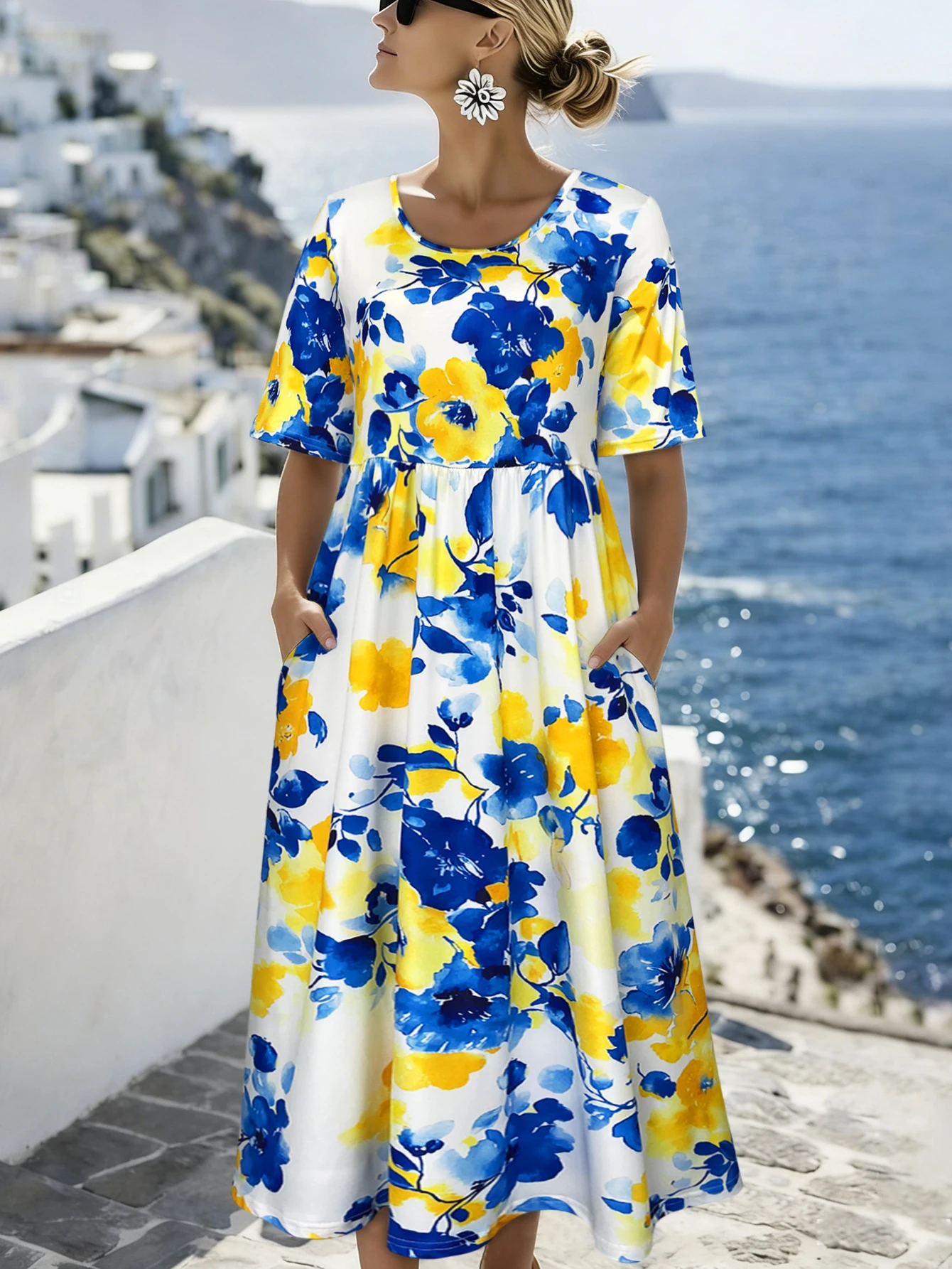 Damen-Sommerkleid mit zufälligem Aufdruck, kurzärmliges Midikleid mit Rundhalsausschnitt und Taschen, Urlaubsgeeignete Sommeroutfits – Detail 2