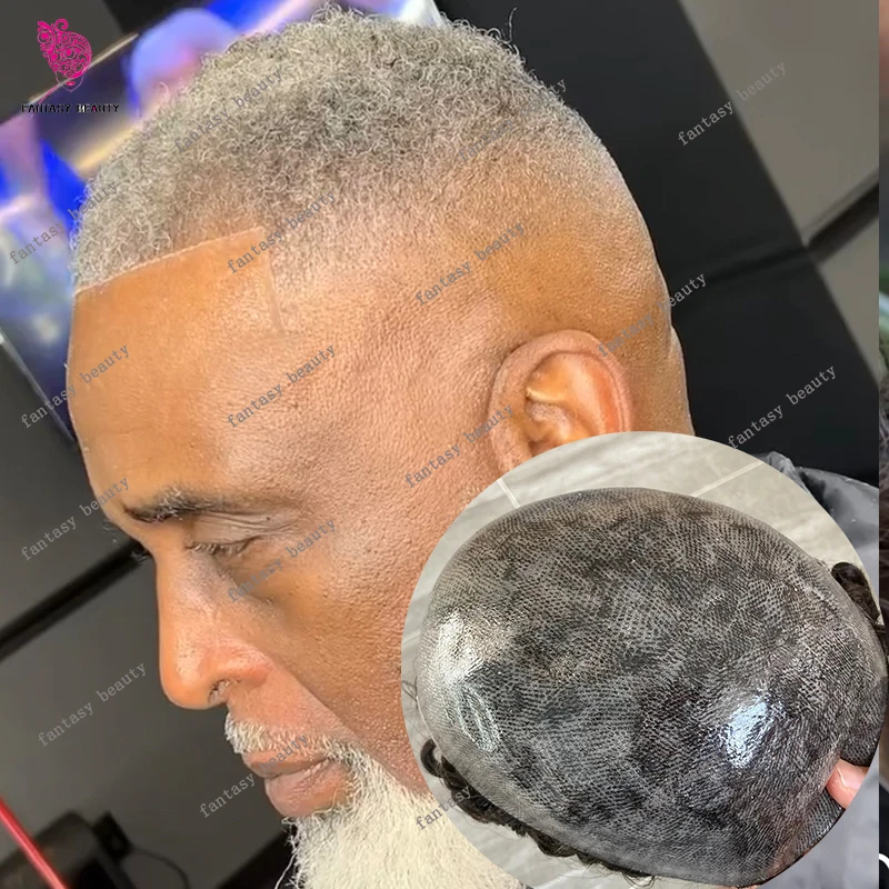 

6mm/4mm Afro Kinky Curly Durable Thin Skin PU Wig 100% Natural Human Hair Toupee for Black Men Grey 180 Male Capillary Prosthesi