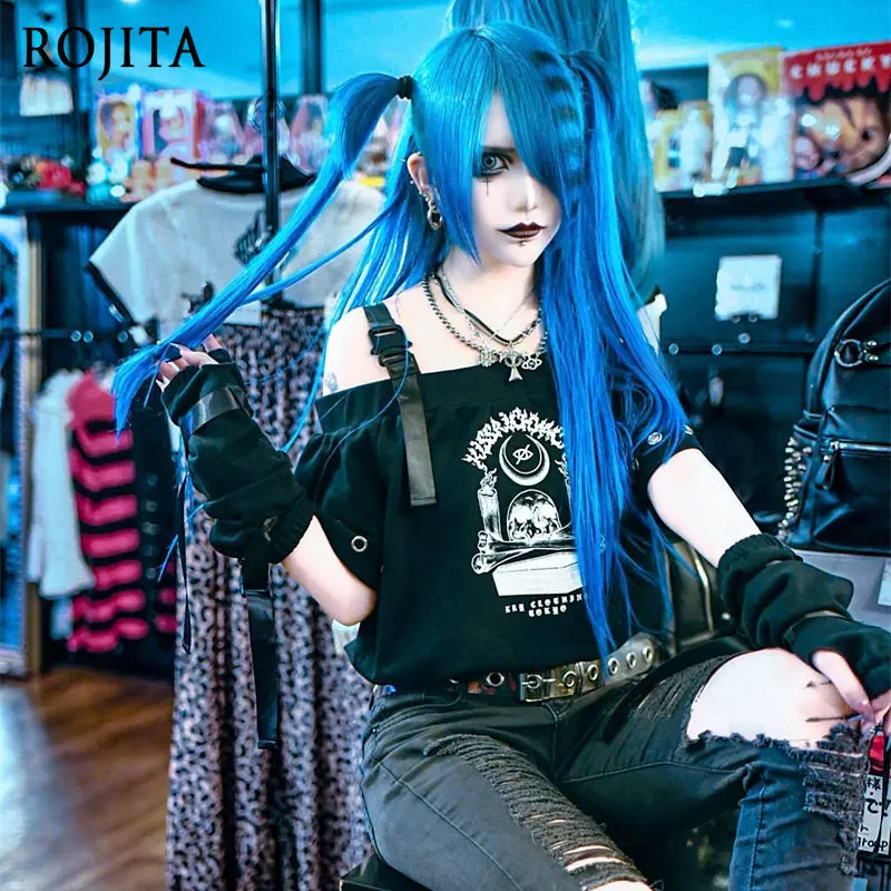 Women Gothic Off‑Shoulder Top With Arm Warmers Set Adjustable Strap Punk Short Sleeve Shirt And Fingerless Cuff Sleeves