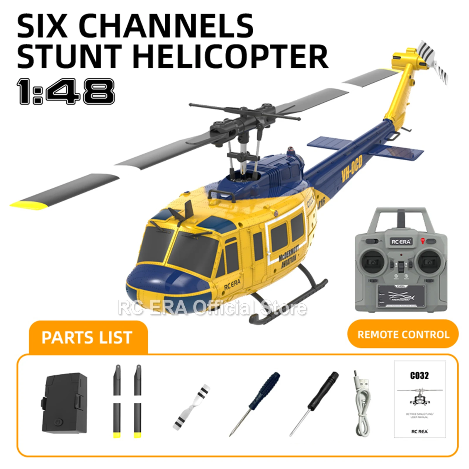 RC ERA C032 UH1 Huey Weathered Marine 6-Kanal-RC-Hubschrauber mit optischem Fluss TOF, automatisch stabilisierte Fernbedienung, Hobbyspielzeug für Jungen