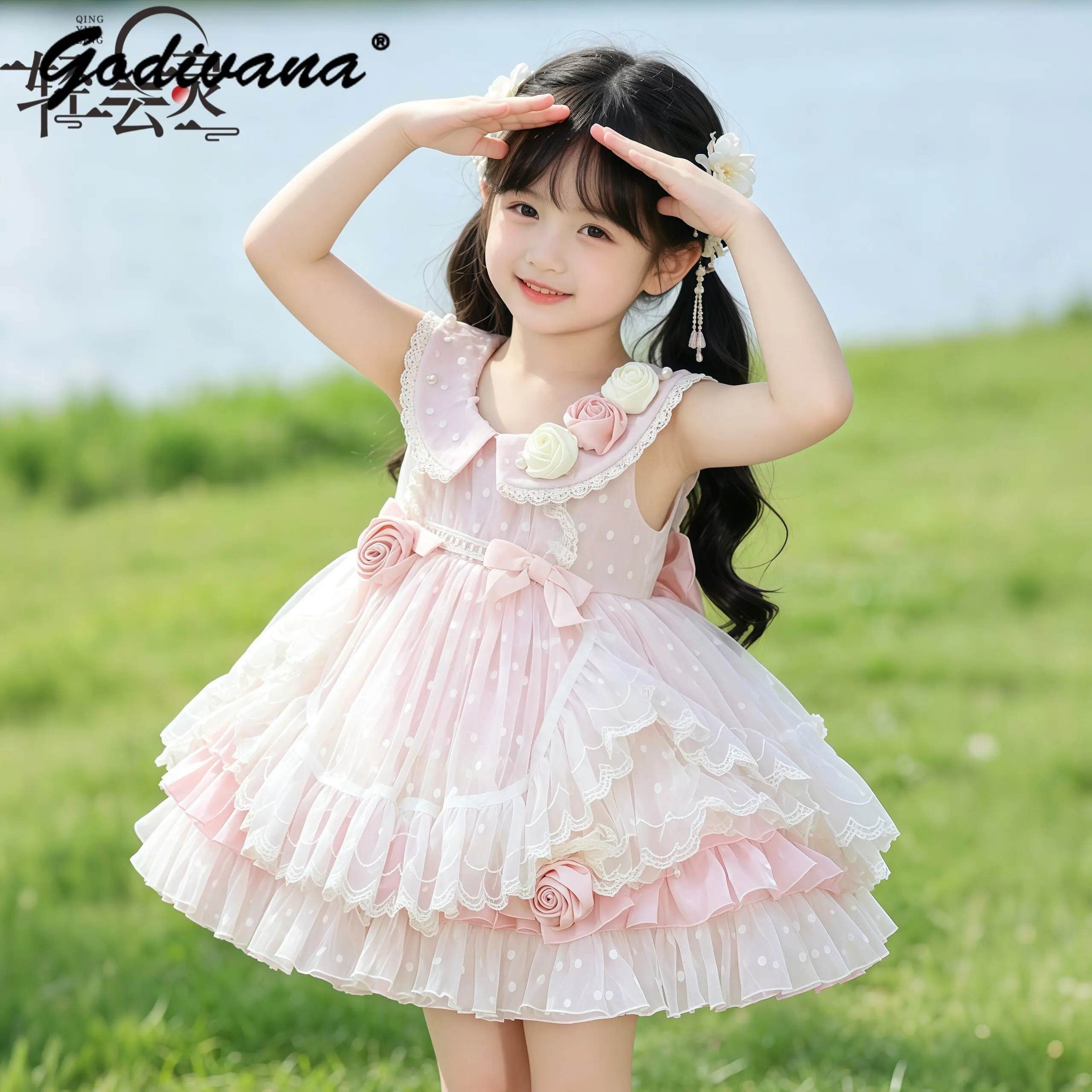 Sweet Baby Girls New Summer Pink Lolita Princess Dress Kids High End 3D Floral Embroidery Doll Collar Bow Ruffle Trim Cake Dress