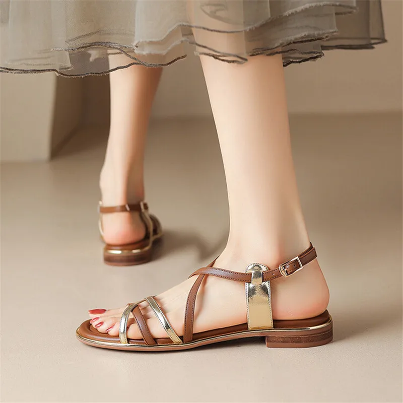 2023 New Summer Sandals Women Split Leather Shoes Round Toe Low Heels Gladiator Shoes Sandals for Women Handmade Women Sandals