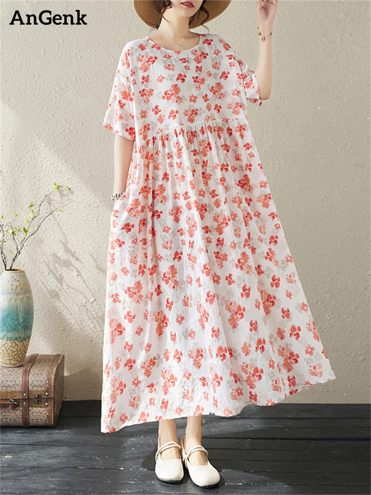 

Oversize Cotton Short Sleeve Vintage Dresses For Women 2024 Summer Casual Loose Long Dress Femme Robe Vestidos Elegant Clothing