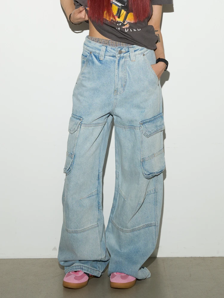 

MICHINNYON Женская рабочая одежда, прямые джинсы с несколькими карманами, синие джинсы с талией