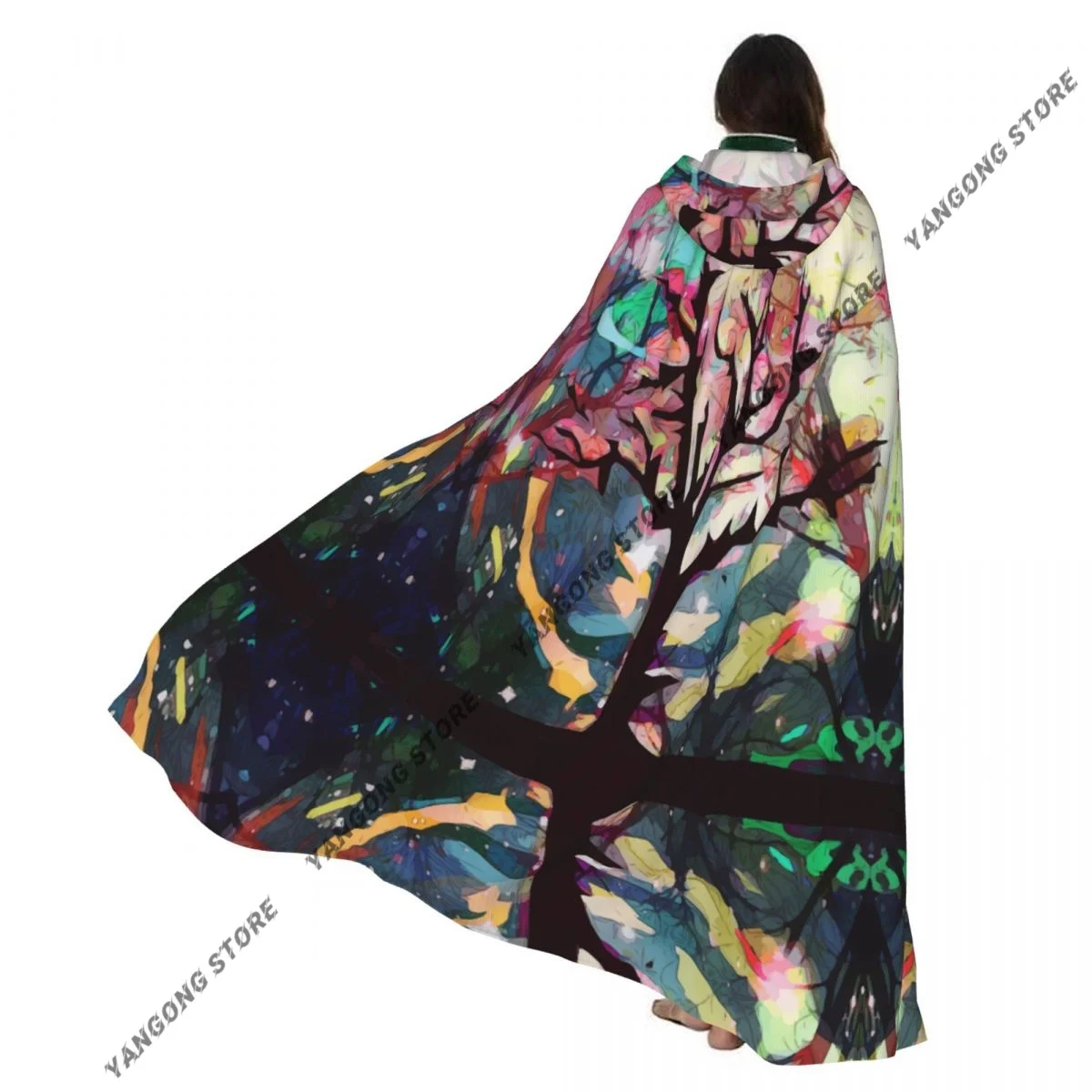 

Adult Halloween Tree Moon Night Sky Landscape Cloak Cape Hooded Medieval Costume Full Length Dress Coat