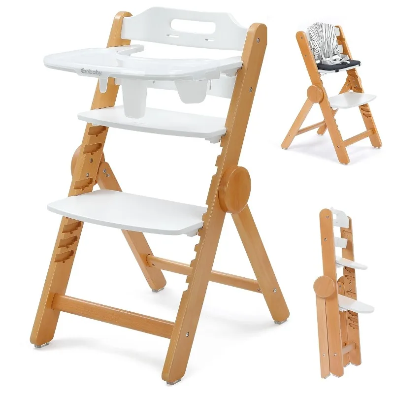 Ezebaby Wooden High Chair Grow with Your Child, Foldable Baby High Chair with Adjustable Seat and Footrest Heights, High Chair