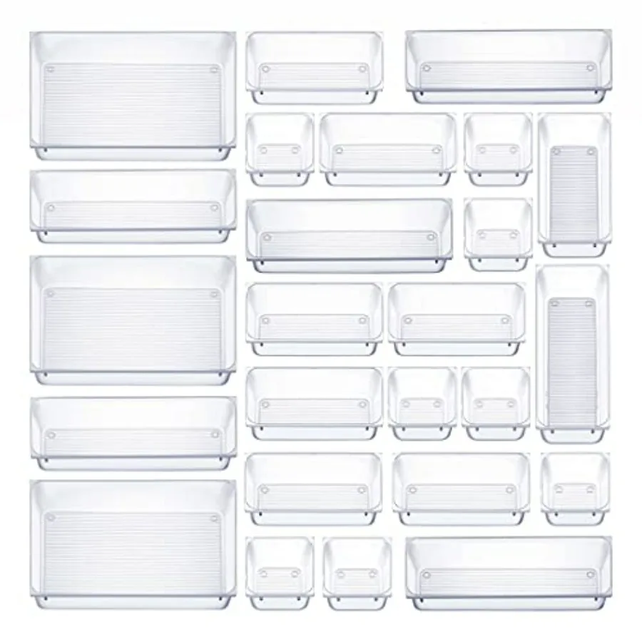 

25 PCS Clear Plastic Drawer Organizers Set, 4-Size Versatile Bathroom and Vanity Drawer Organizer Trays, Storage Bins for Makeu