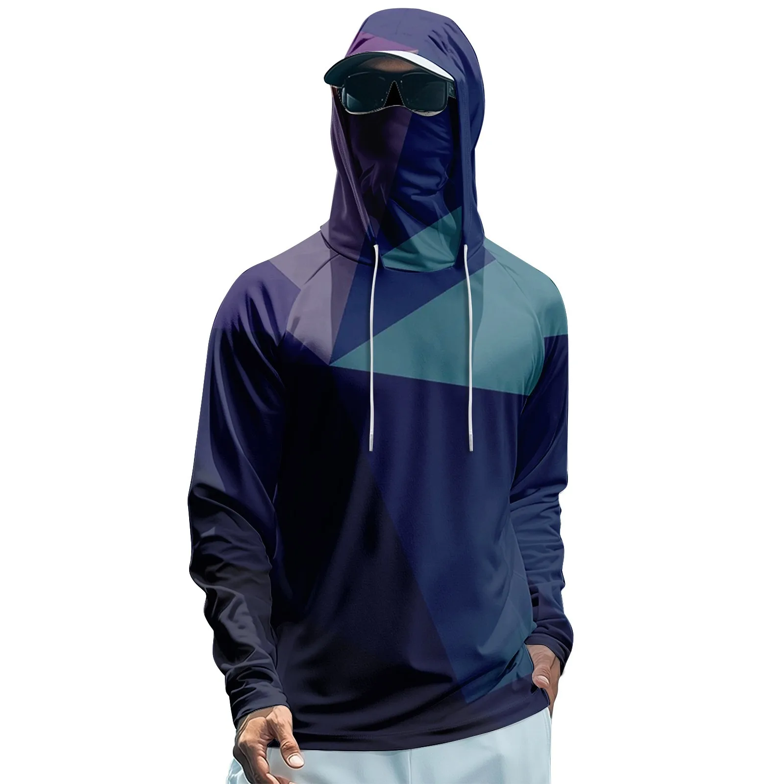 Camiseta masculina de manga comprida com estampa geométrica gradiente, proteção solar, secagem rápida, para pesca, fitness e atividades ao ar livre.
