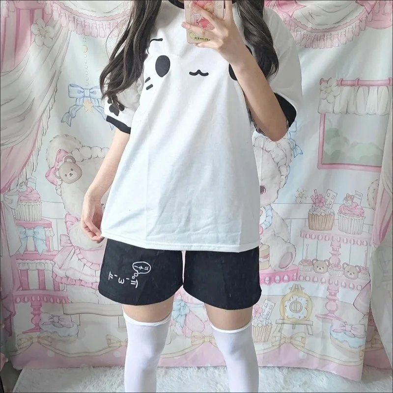 Calções de algodão para mulheres kawaii kaomoji impressão calças curtas preto y2k shorts casuais coreano japonês moda roupas verão 2024