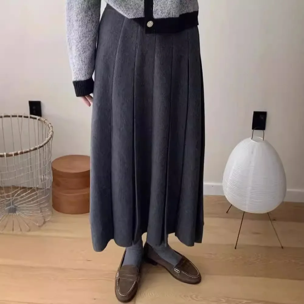 2025 Autumn Winter Women's Grey Woolen Midi Skirt High Waisted Pleated A Line Petite Friendly Slim Fit Skirt