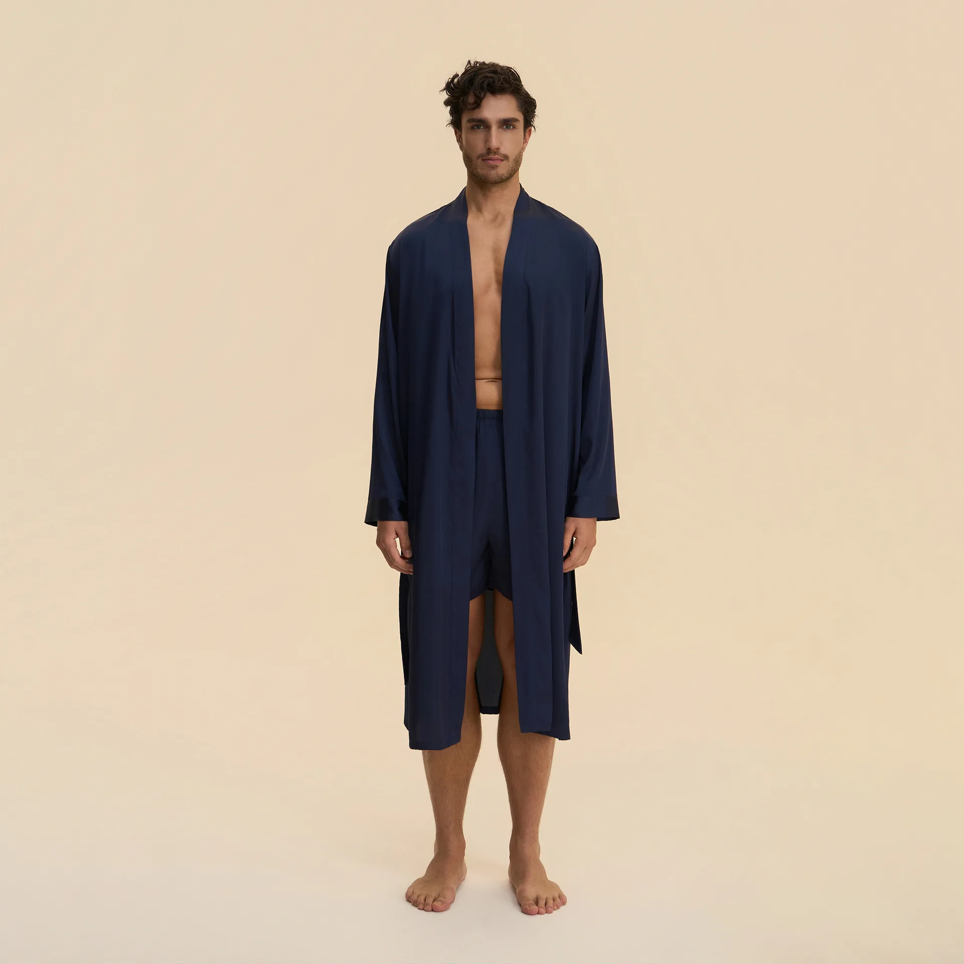 New Men Long Robe Pajamas Two-Piece Set Silk Satin Sleepwear Homewear Casual Kimono Bathrobe Gown Shorts Loungewear Pijamas Suit view 2