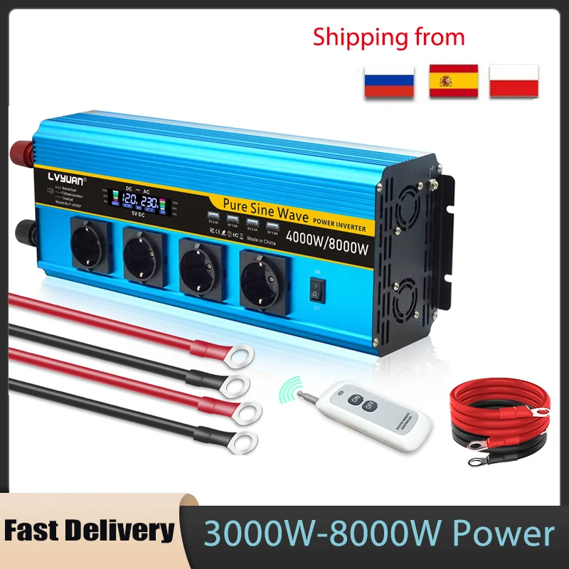 Pure Sine Wave Inverter 12V 24V 220V 3000W 4000W 5000W 8000W DC  to AC Voltage Solar Power Auto Car Converter EU Socket