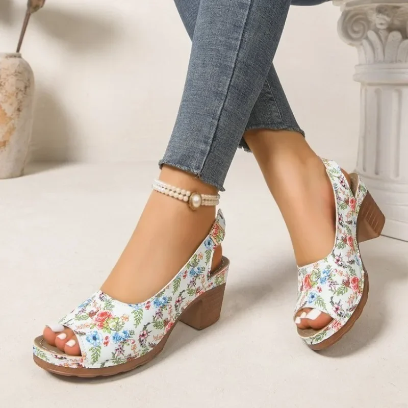 Blumenmuster Peep-Toe Slingback Sandalen Damen Plateau Blockabsatz