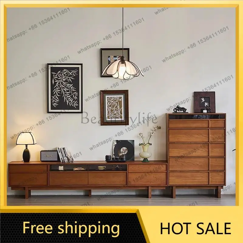 FG antique TV cabinet retro solid wood living room floor storage locker integrated