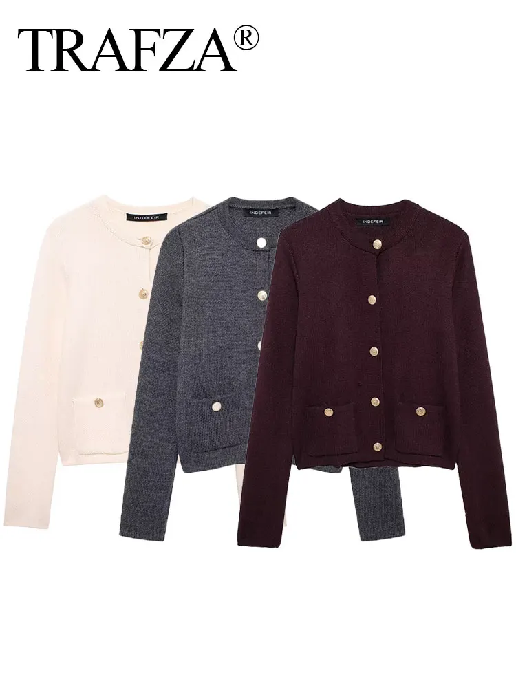 TRAFZA Autumn Women Elegant Burgundy O-neck Knitted Cardigan Fashion Metal Buttons Long Sleeve Sweater Female Casual Outerwear