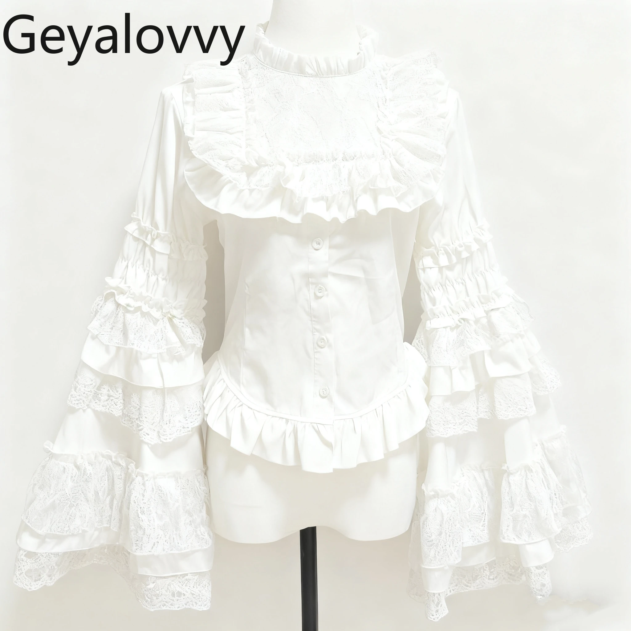 เสื้อสไตล์ยุค Y2K กอธิค ขาวดำ ลอลิต้า หรูหรา แนวเจ้าหญิง แต่งลูกไม้ แขนยาว สำหรับฤดูใบไม้ผลิและฤดูใบไม้ร่วง คอตั้ง สไตล์ลำลอง