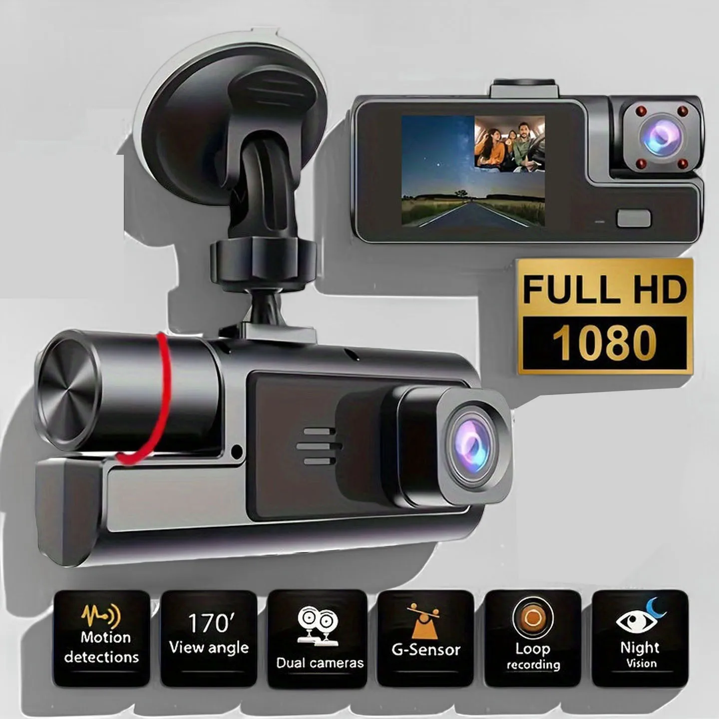 

Записывает видео 1080P с передней, задней камеры и внутри автомобиля.