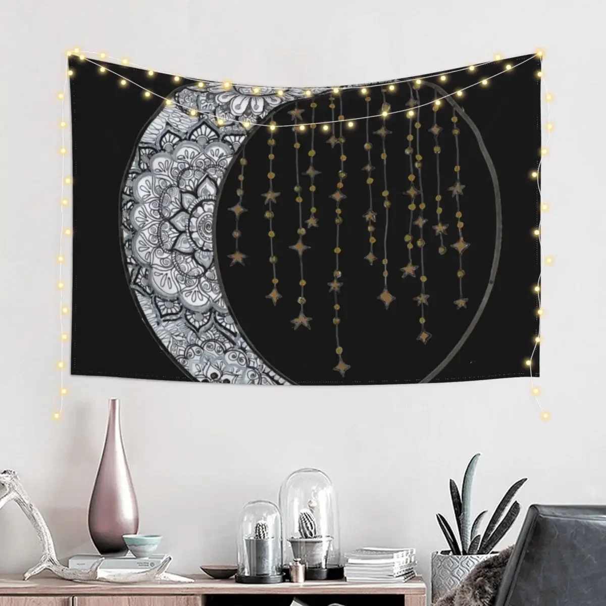 Star Strung Moon: glimmer (black backround) Tapestry Home Decorators Luxury Living Room Decoration Wall Hanging Tapestry