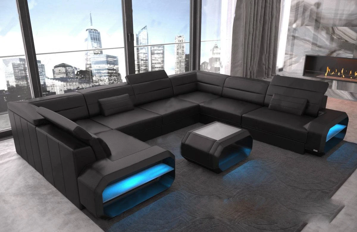 Fashion Nordic U shaped  sofa head layer cowhide simple living room size apartment leather  sofa combination with LED light