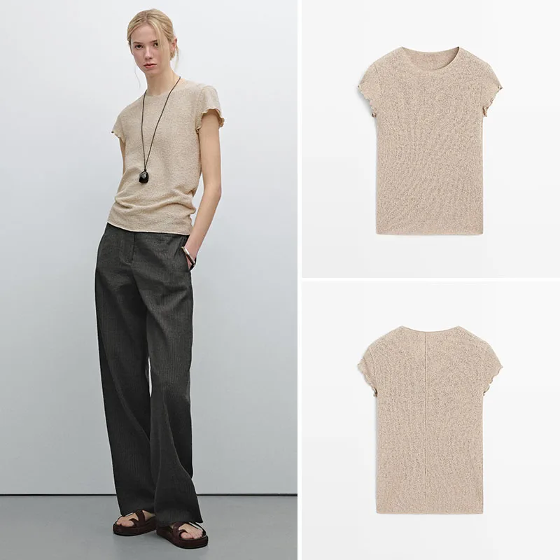 

Новое поступление лета, женская трикотажная футболка ort Sve with Wood ain Ruffle Design Street Sle, чистый цвет, стандартный крой