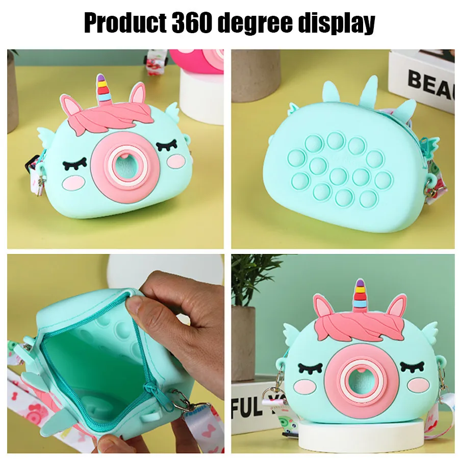 New children\'s unicorn camera coin purse, cute silicone waterproof children\'s crossbody bag, cute design, bright colors