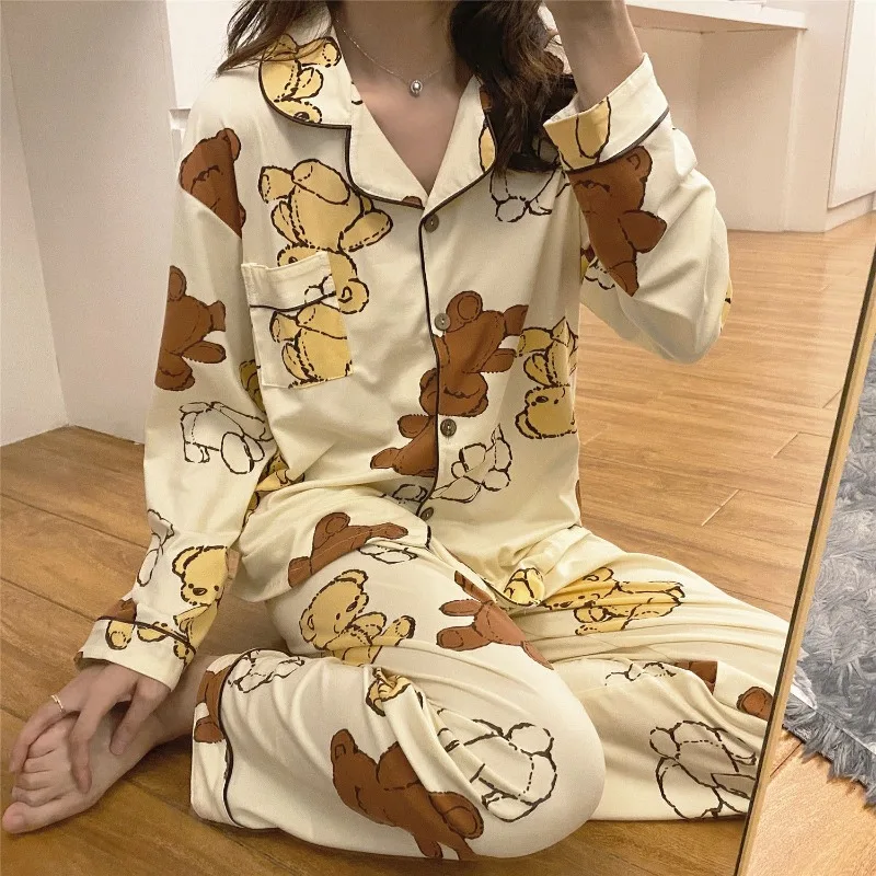 Girs Pure Cotton Spring Autumn Pajamas 2024 New Women's Long Sleeved Pants Sleepwear Sweet Comfortable Soft Home Clothing Set