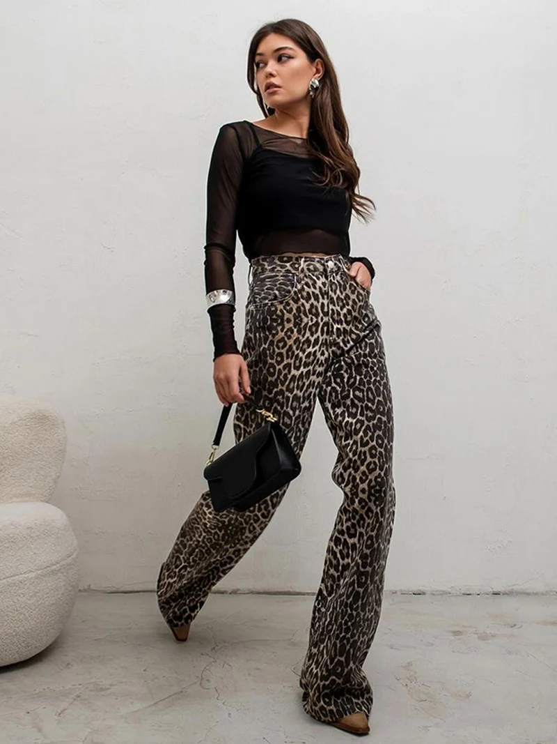 DGLUKE Vintage Leopard Jeans Woman High Waist Autumn Winter Trousers Y2K Streetwear Harajuku Straight Denim Jeans Pants