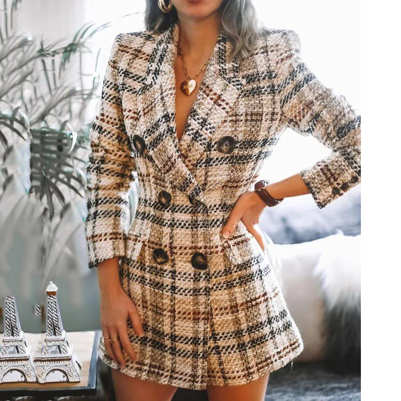 

2023Winter Women Wool Jacket New Suit Collar Double-Breasted Slim Fashion Print Plaid Long Tweed Woolen Outerwear Female costume